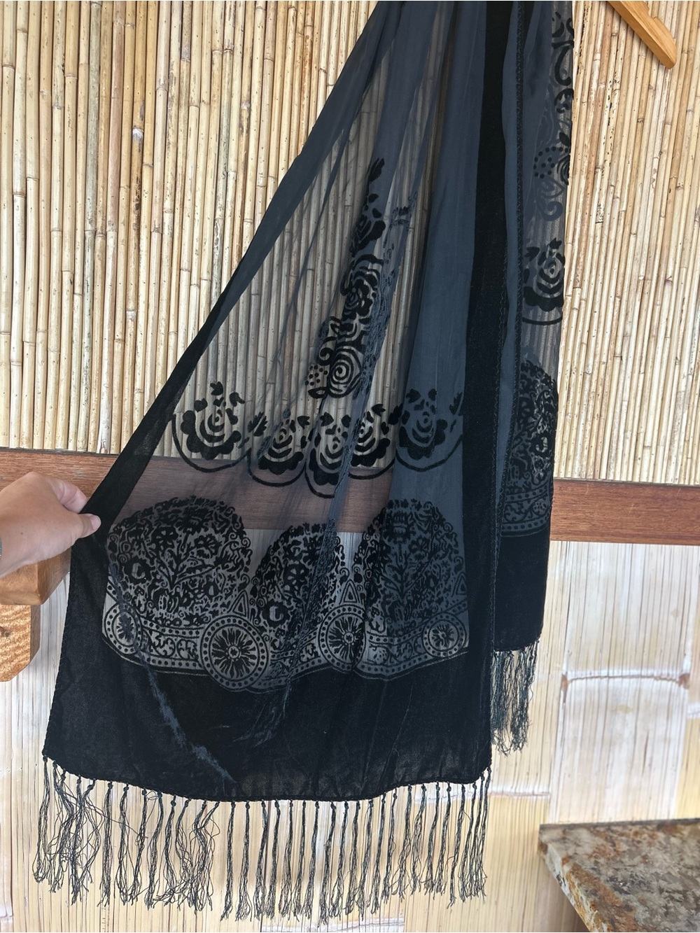 Black Velvet Burnout Fringe Shawl Whimsigoth Boho Grunge Goth Devore Elegant